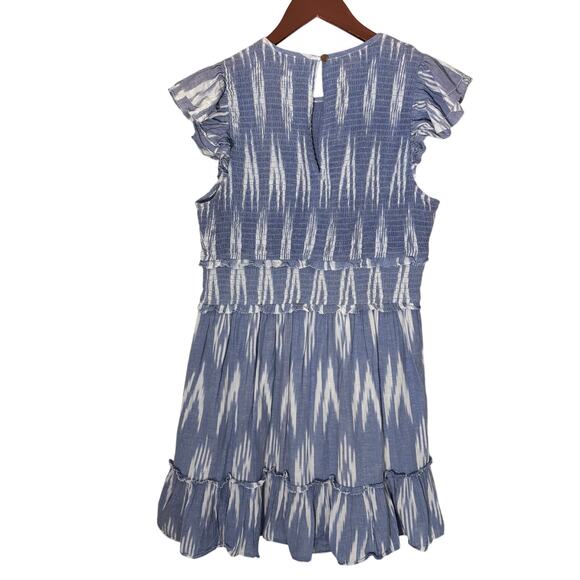 Saylor Large Zinnia Smocked Mini Dress Ikat Indigo Blue Small Flutter Sleeve - Picture 3 of 9